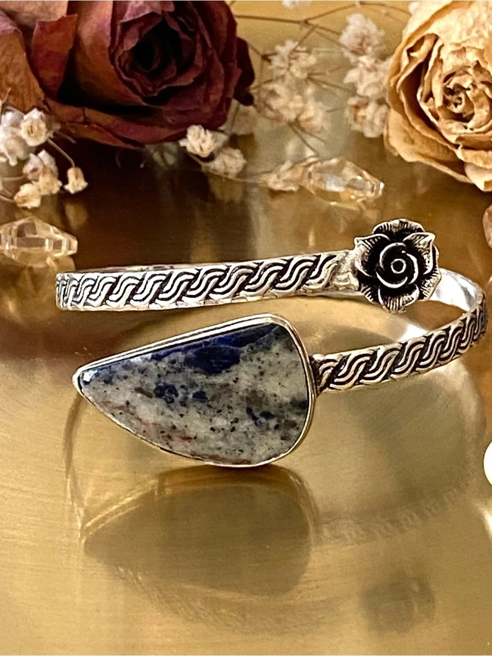 Sodalite Hand Crafted Flower Bypass Bangle